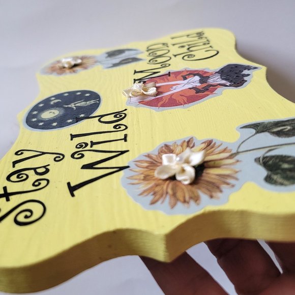 "Stay Wild Moon Child" Yellow Wall Decor Sign with Fabric Flower Embellishments - Picture 6 of 9